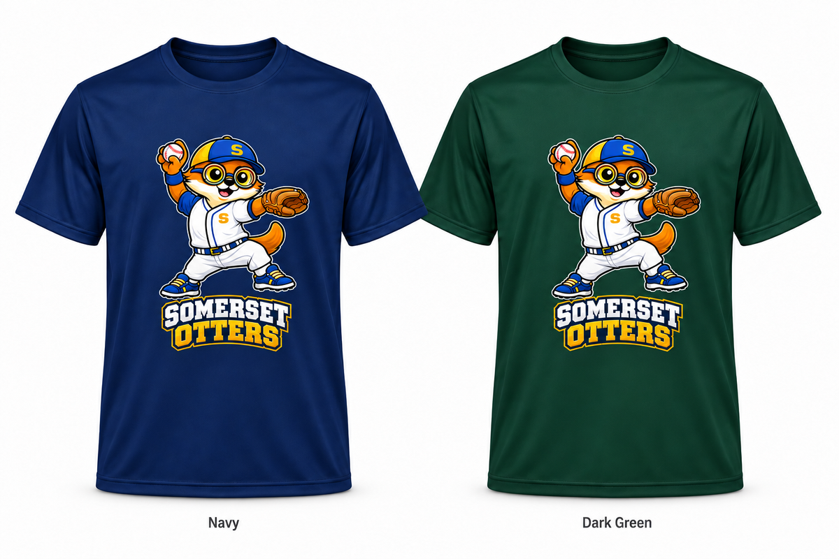 Somerset Avenir Baseball Short Sleeve Performance T-Shirt generated garment mockups in Navy and Dark Green.