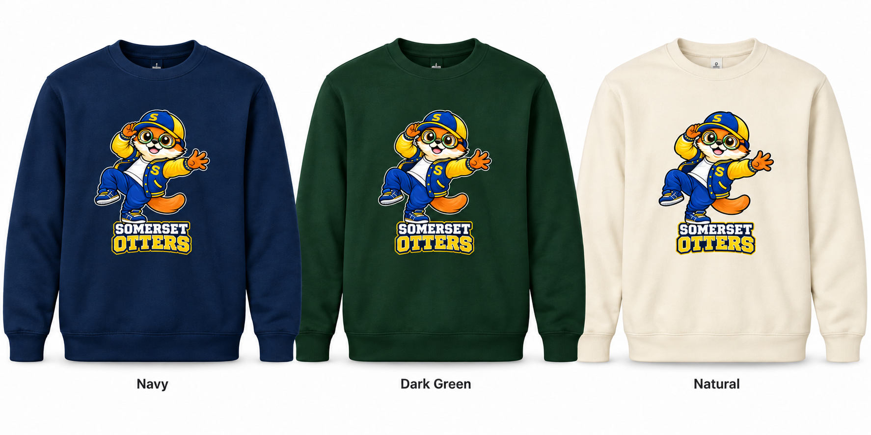 Somerset Avenir Varsity Crewneck Sweatshirt generated garment mockups in Navy, Dark Green and Natural.