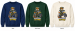 Somerset Avenir Motocross Crewneck Sweatshirt generated garment mockups in Navy, Dark Green and Natural.