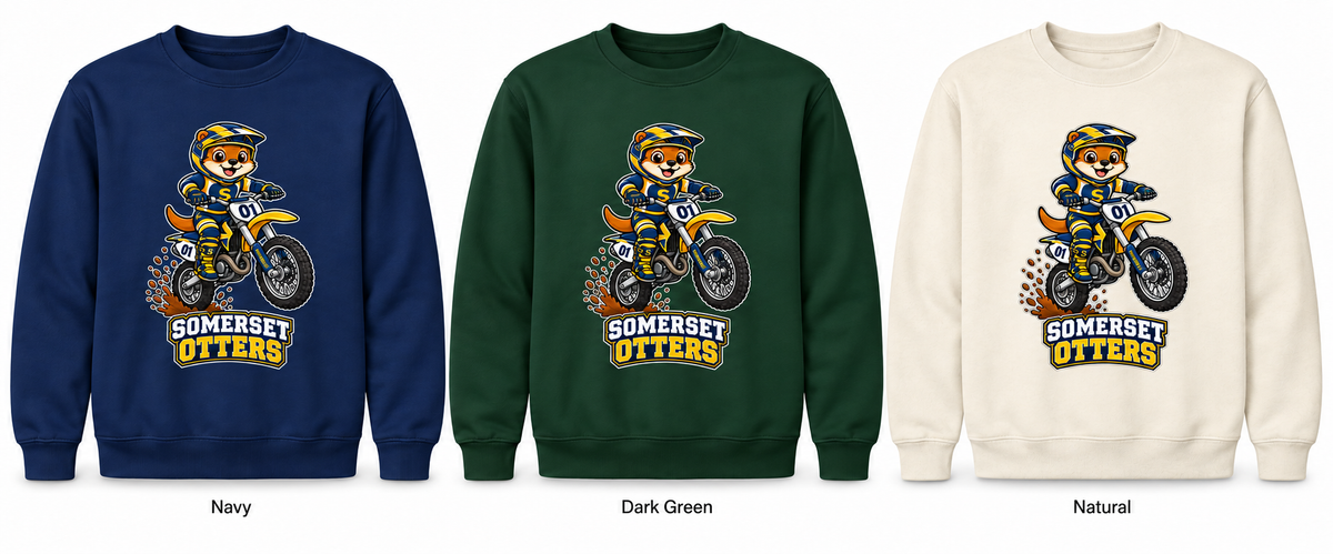 Somerset Avenir Motocross Crewneck Sweatshirt generated garment mockups in Navy, Dark Green and Natural.