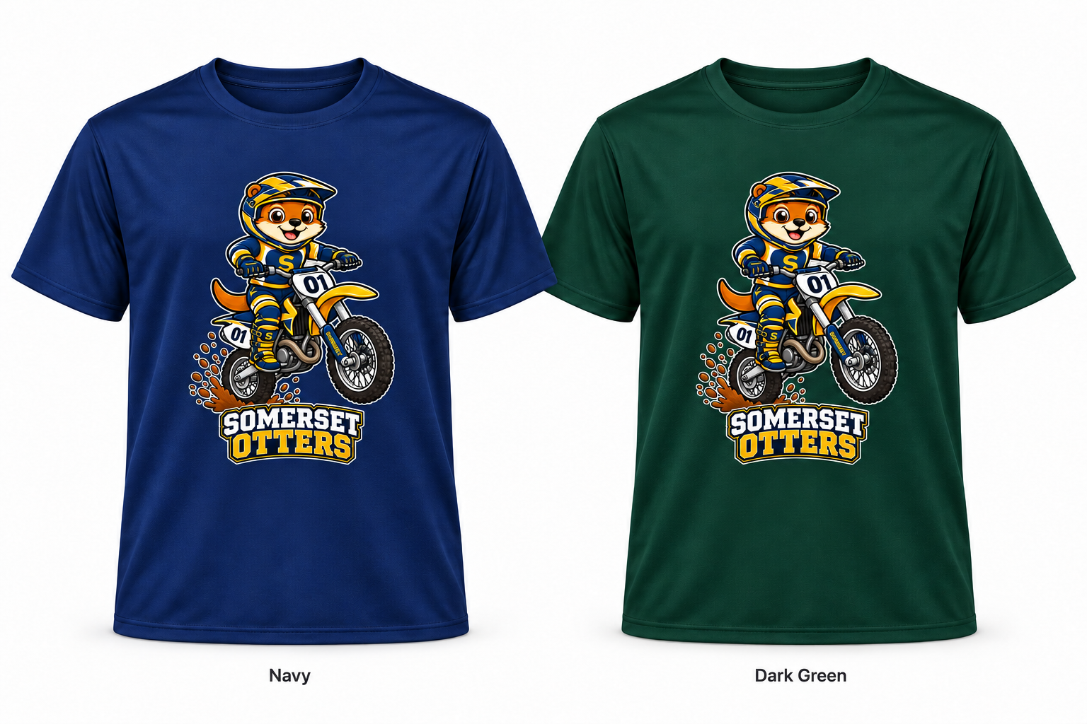 Somerset Avenir Motocross Short Sleeve Performance T-Shirt generated garment mockups in Navy and Dark Green.
