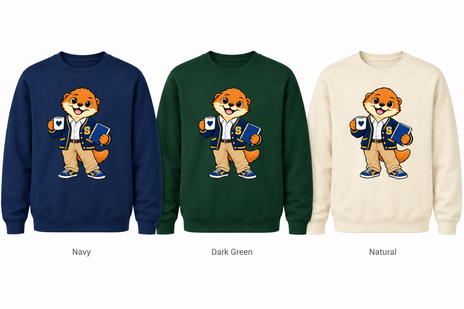 Somerset Avenir Mug & Notebook Crewneck Sweatshirt generated garment mockups in Navy, Dark Green and Natural.