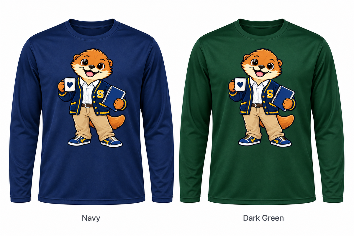 Somerset Avenir Mug & Notebook Long Sleeve Performance T-Shirt generated garment mockups in Navy and Dark Green; Dark Green is adult only.
