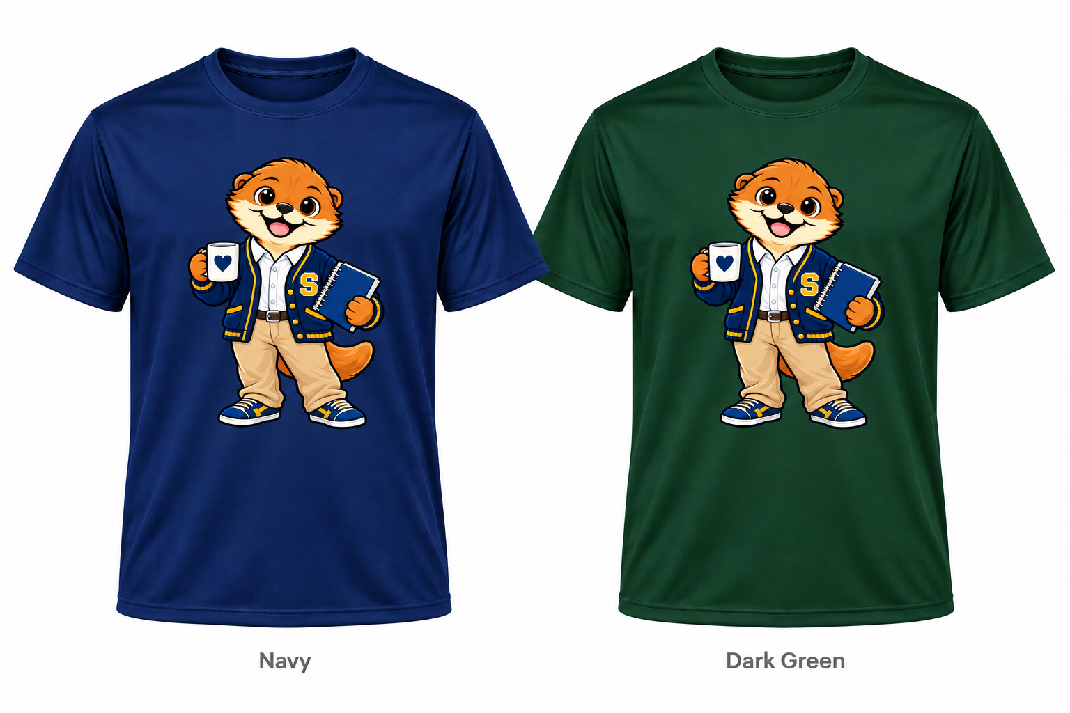 Somerset Avenir Mug & Notebook Short Sleeve Performance T-Shirt generated garment mockups in Navy and Dark Green.
