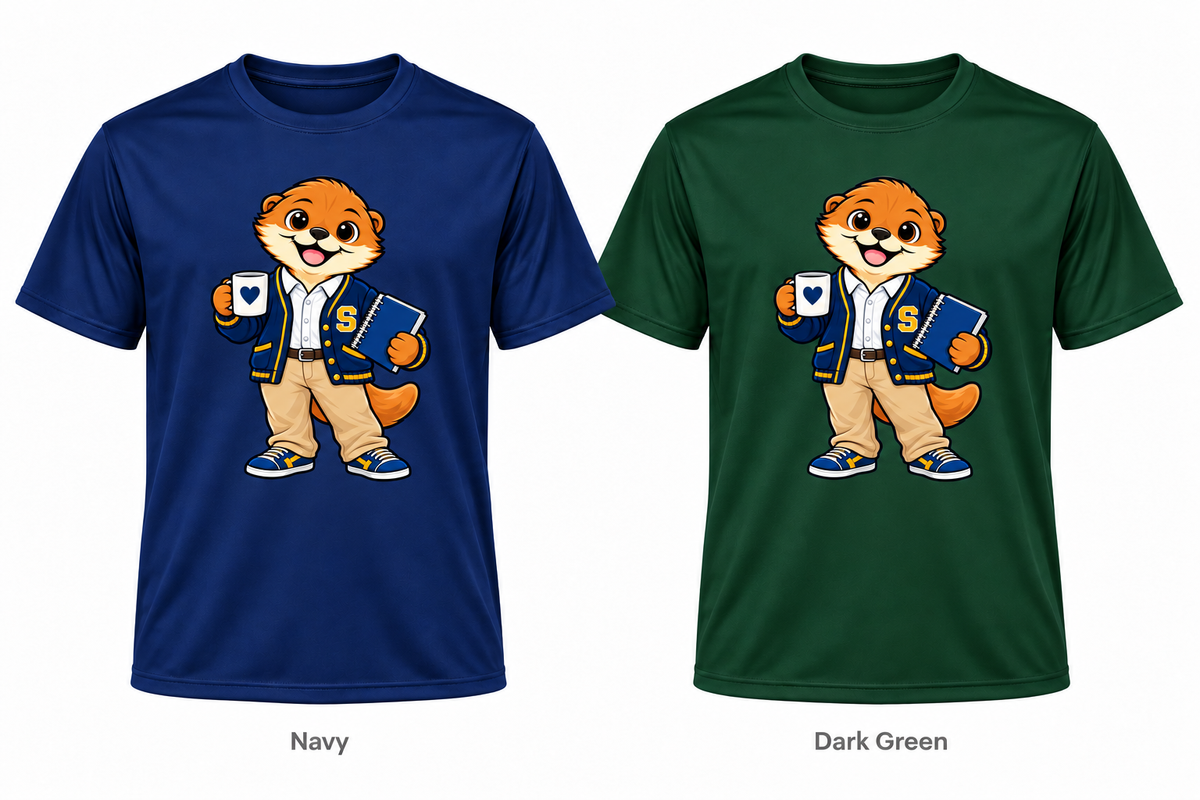 Somerset Avenir Mug & Notebook Short Sleeve Performance T-Shirt generated garment mockups in Navy and Dark Green.