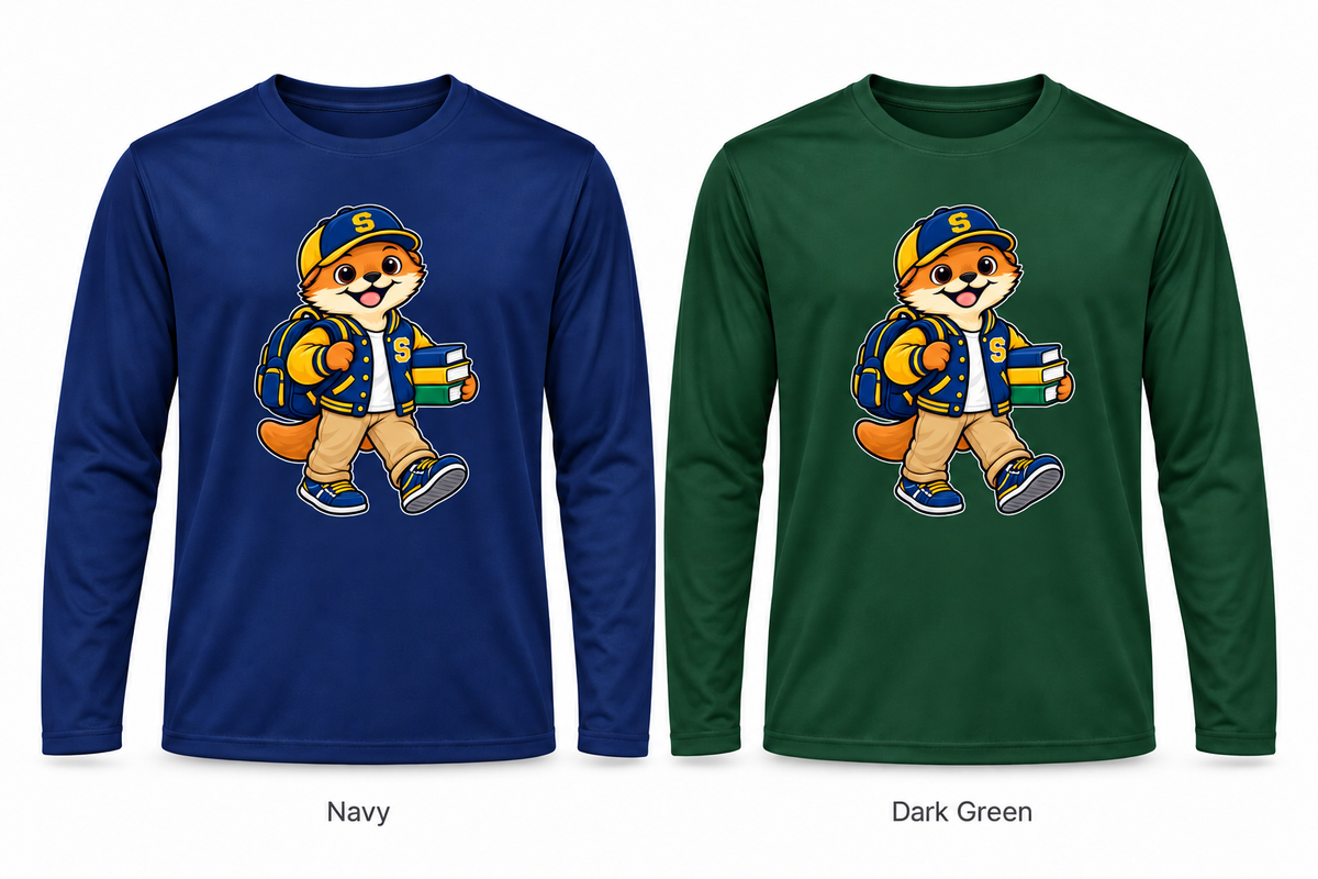 Somerset Avenir Student & Books Long Sleeve Performance T-Shirt generated garment mockups in Navy and Dark Green; Dark Green is adult only.