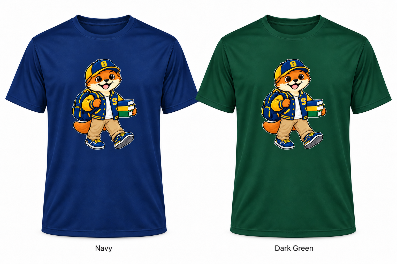 Somerset Avenir Student & Books Short Sleeve Performance T-Shirt generated garment mockups in Navy and Dark Green.