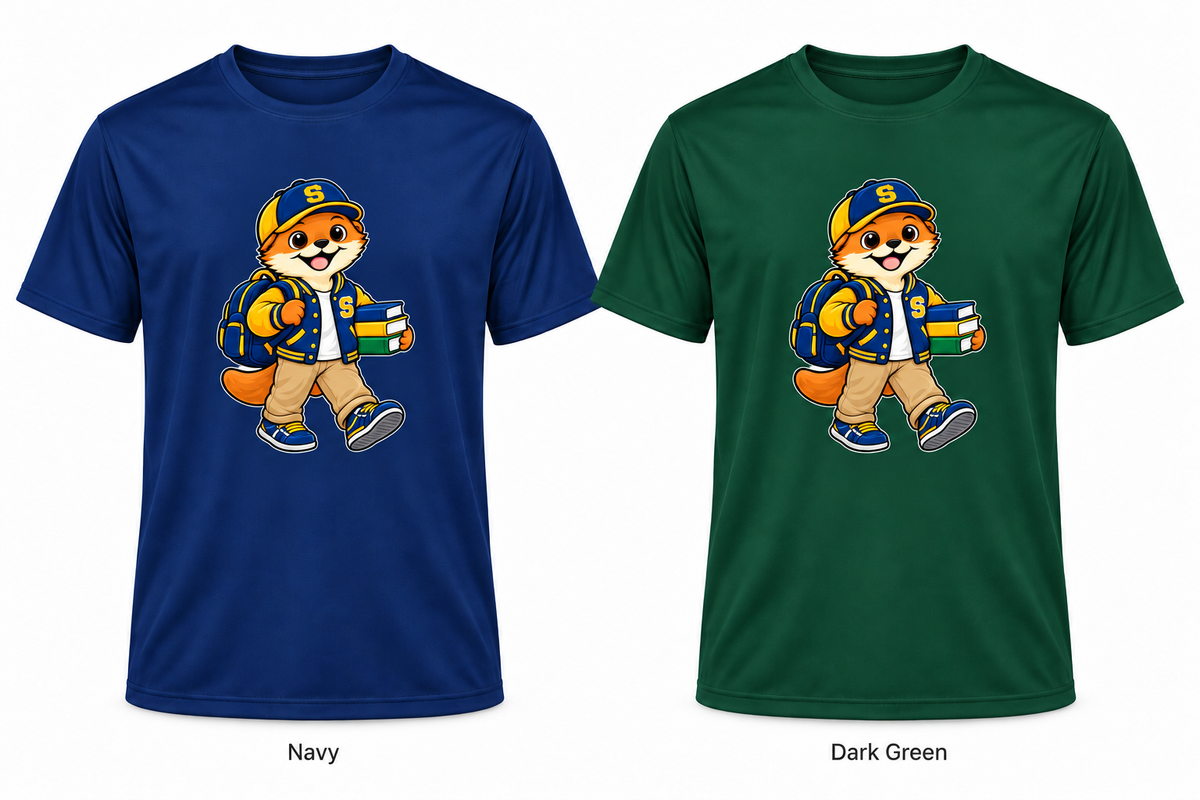 Somerset Avenir Student & Books Short Sleeve Performance T-Shirt generated garment mockups in Navy and Dark Green.