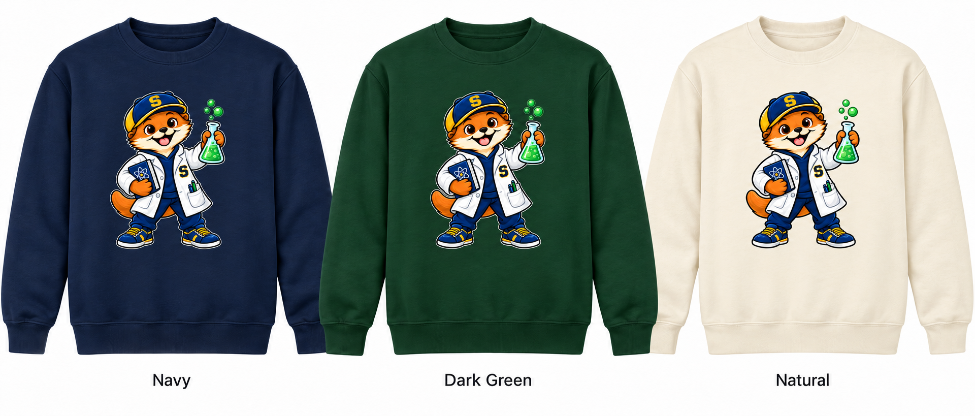 Somerset Avenir Science Crewneck Sweatshirt generated garment mockups in Navy, Dark Green and Natural.