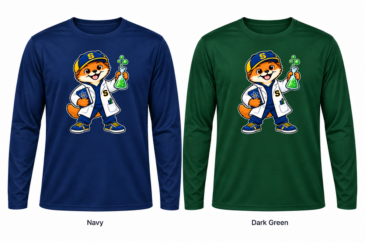 Somerset Avenir Science Long Sleeve Performance T-Shirt generated garment mockups in Navy and Dark Green; Dark Green is adult only.
