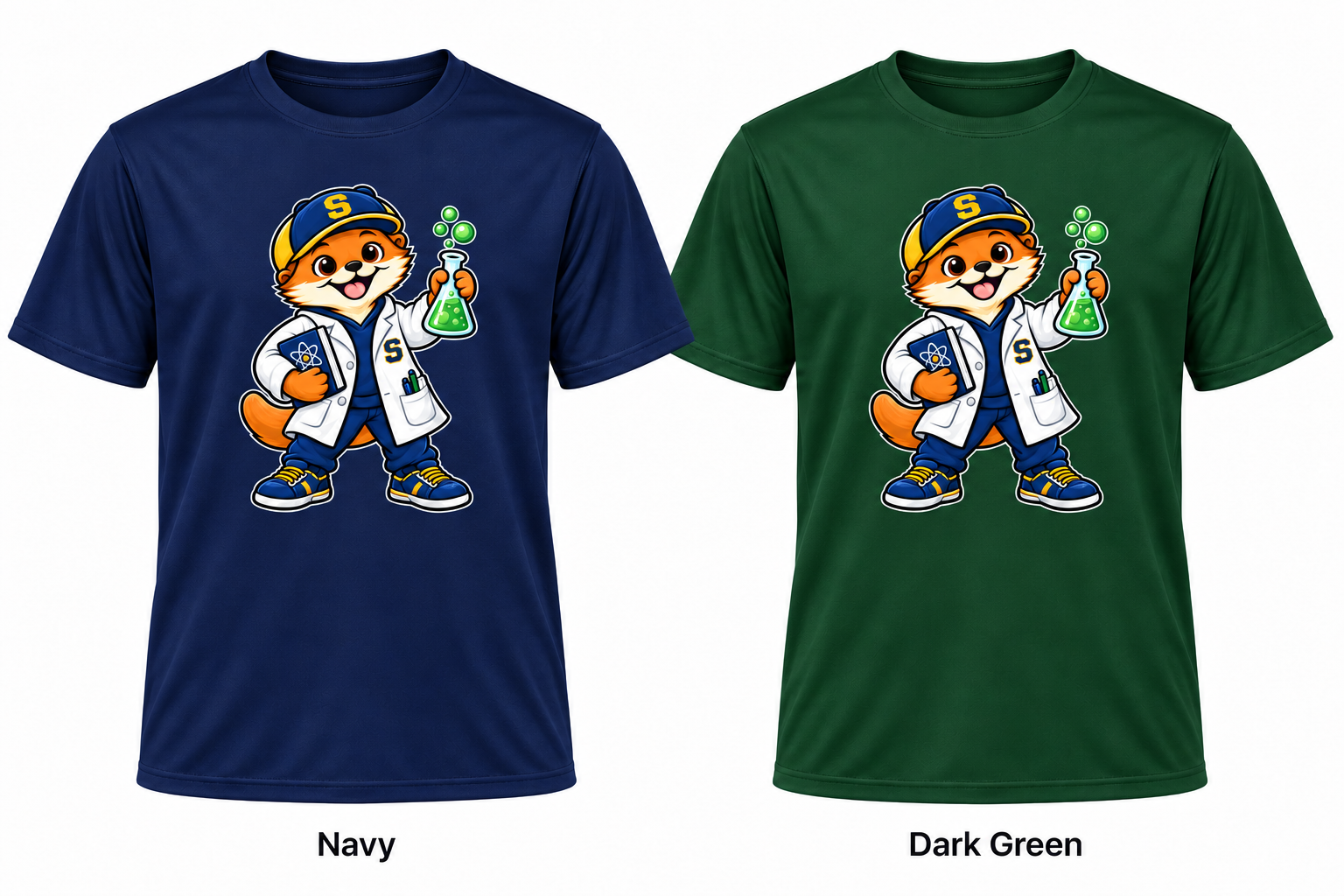 Somerset Avenir Science Short Sleeve Performance T-Shirt generated garment mockups in Navy and Dark Green.