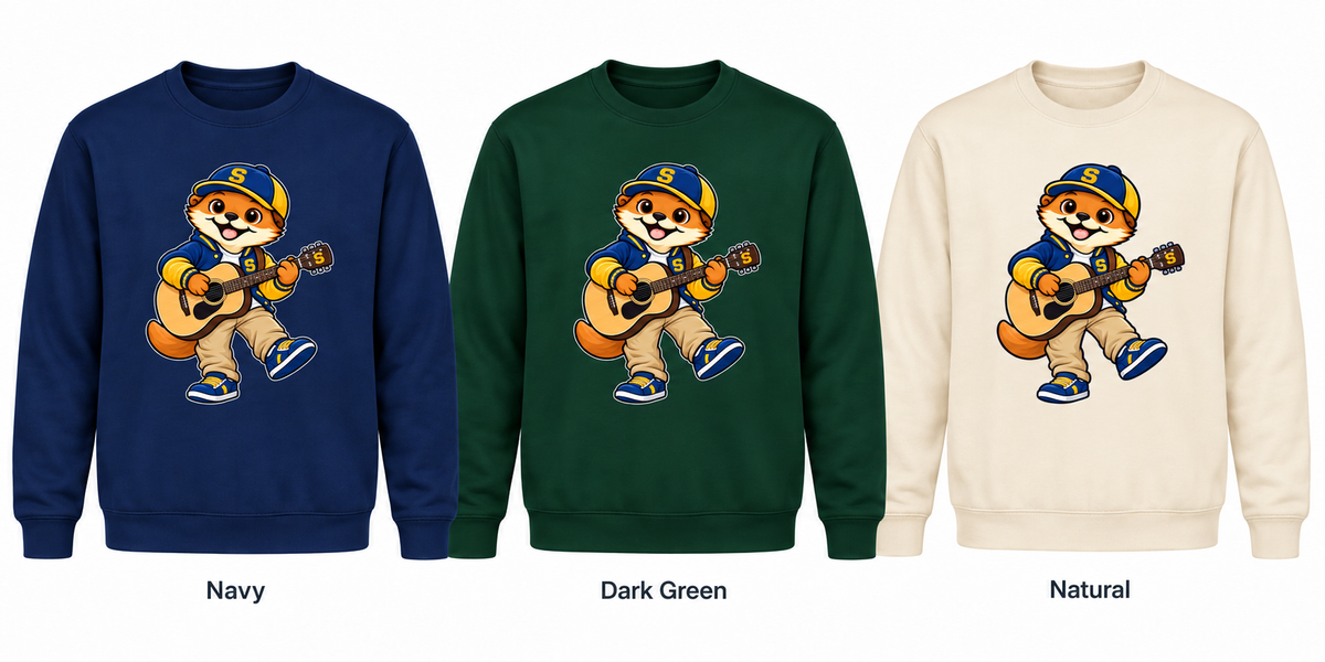 Somerset Avenir Guitar Crewneck Sweatshirt generated garment mockups in Navy, Dark Green and Natural.