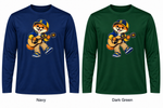 Somerset Avenir Guitar Long Sleeve Performance T-Shirt generated garment mockups in Navy and Dark Green; Dark Green is adult only.