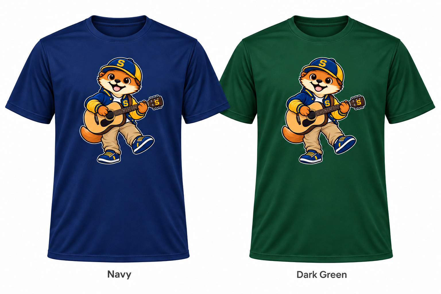 Somerset Avenir Guitar Short Sleeve Performance T-Shirt generated garment mockups in Navy and Dark Green.