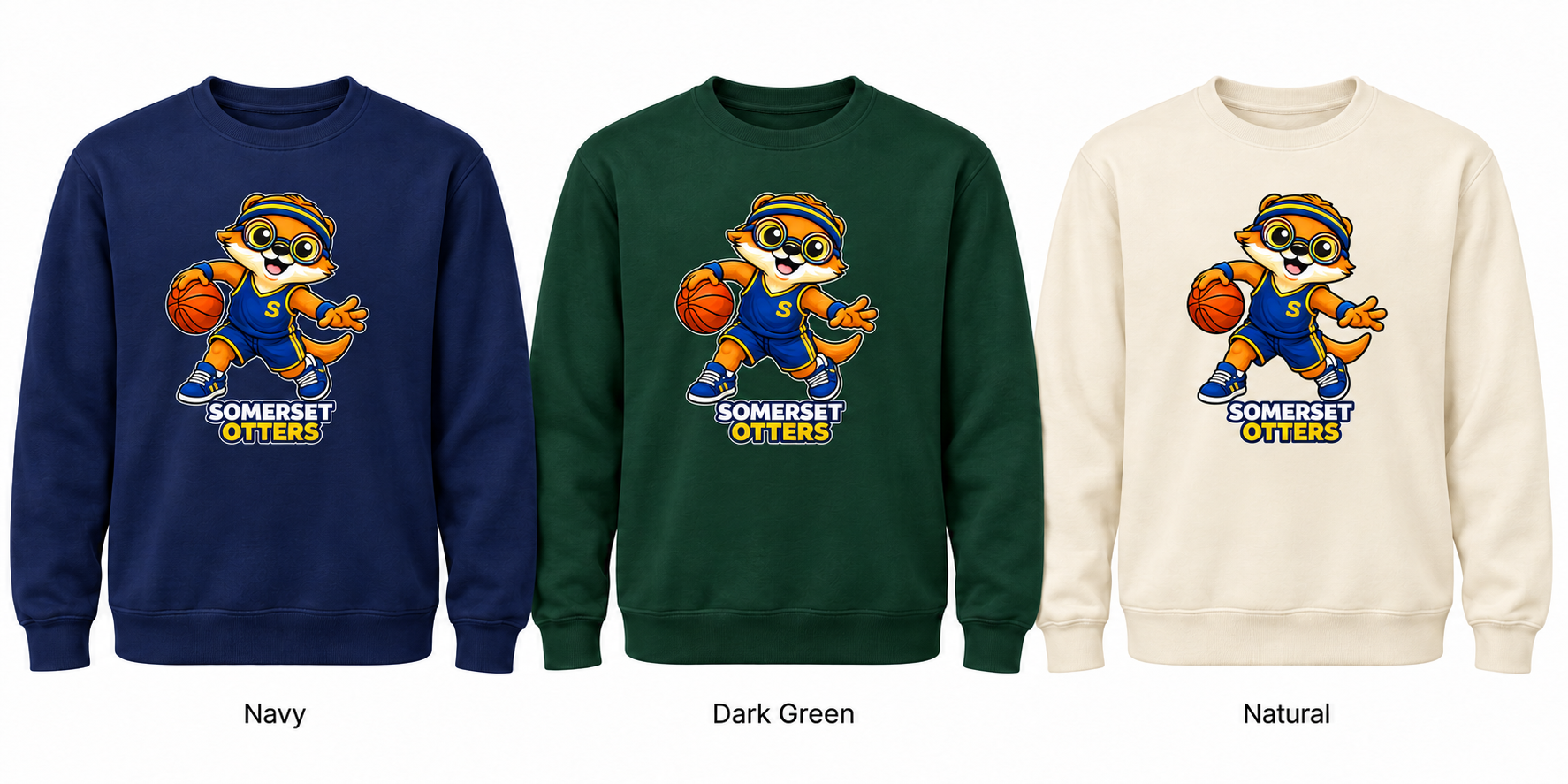 Somerset Avenir Basketball Crewneck Sweatshirt generated garment mockups in Navy, Dark Green and Natural.