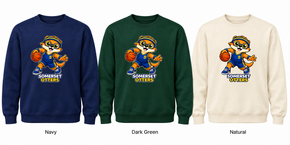 Somerset Avenir Basketball Crewneck Sweatshirt generated garment mockups in Navy, Dark Green and Natural.