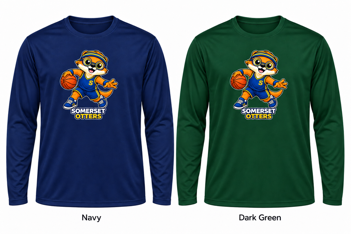 Somerset Avenir Basketball Long Sleeve Performance T-Shirt generated garment mockups in Navy and Dark Green; Dark Green is adult only.