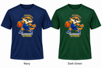 Somerset Avenir Basketball Short Sleeve Performance T-Shirt generated garment mockups in Navy and Dark Green.