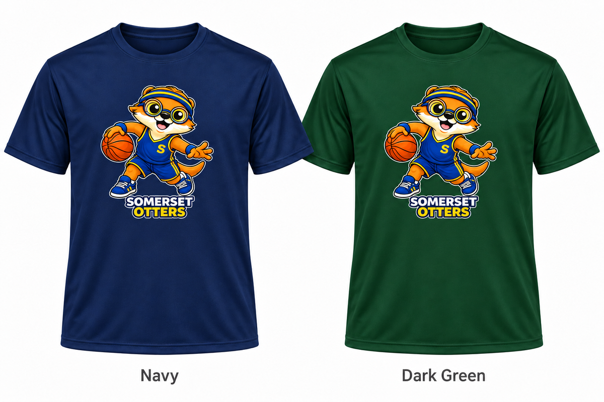 Somerset Avenir Basketball Short Sleeve Performance T-Shirt generated garment mockups in Navy and Dark Green.