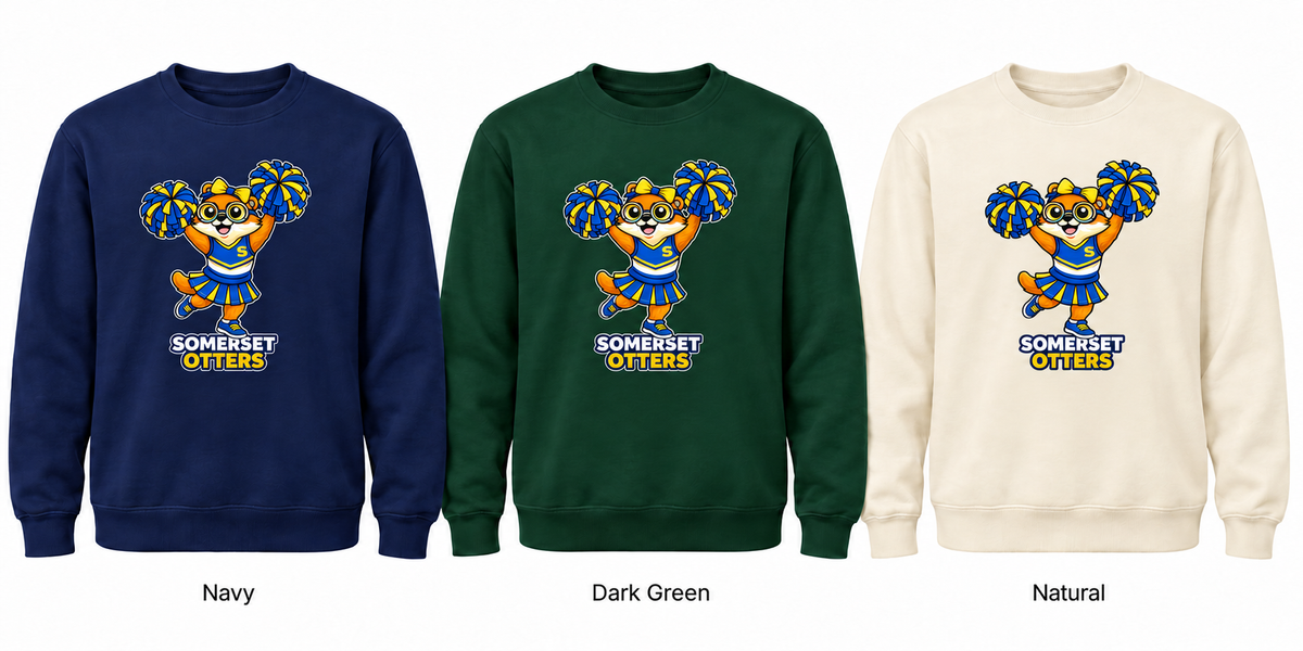Somerset Avenir Cheerleading Crewneck Sweatshirt generated garment mockups in Navy, Dark Green and Natural.