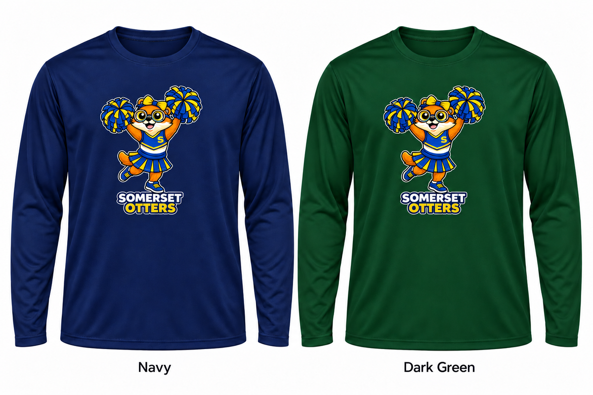 Somerset Avenir Cheerleading Long Sleeve Performance T-Shirt generated garment mockups in Navy and Dark Green; Dark Green is adult only.