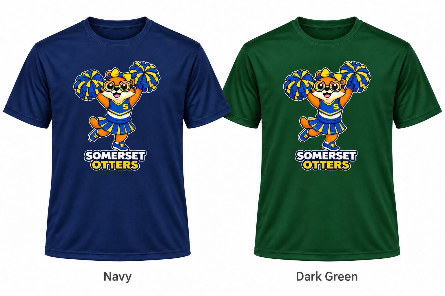 Somerset Avenir Cheerleading Short Sleeve Performance T-Shirt generated garment mockups in Navy and Dark Green.