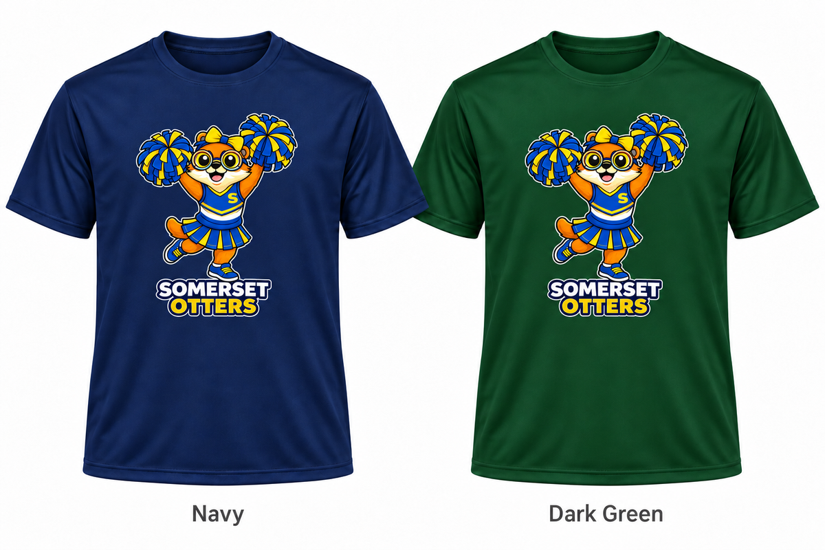 Somerset Avenir Cheerleading Short Sleeve Performance T-Shirt generated garment mockups in Navy and Dark Green.