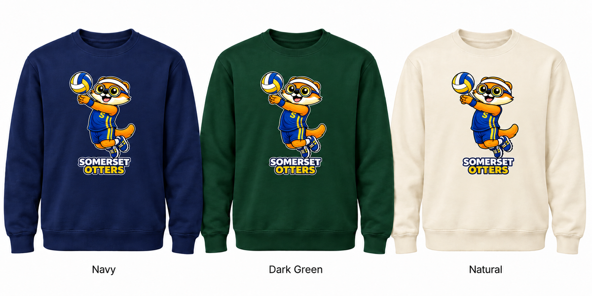 Somerset Avenir Volleyball Crewneck Sweatshirt generated garment mockups in Navy, Dark Green and Natural.