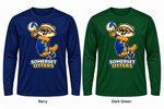 Somerset Avenir Volleyball Long Sleeve Performance T-Shirt generated garment mockups in Navy and Dark Green; Dark Green is adult only.