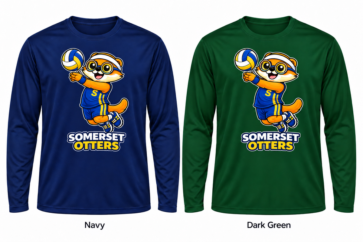 Somerset Avenir Volleyball Long Sleeve Performance T-Shirt generated garment mockups in Navy and Dark Green; Dark Green is adult only.