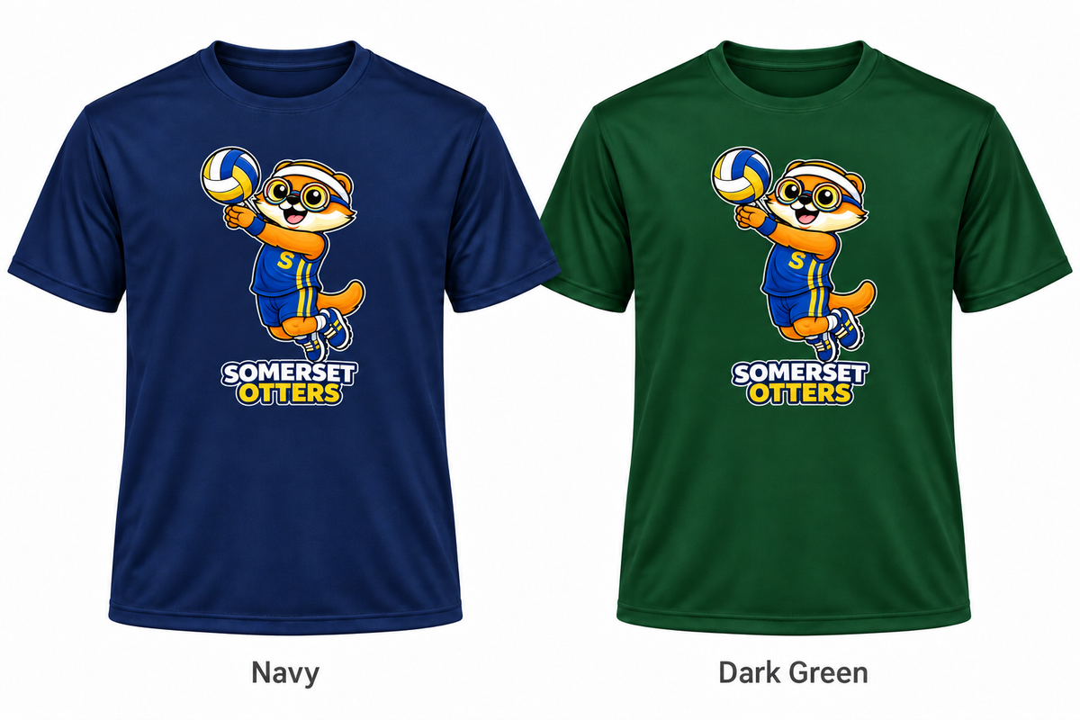 Somerset Avenir Volleyball Short Sleeve Performance T-Shirt generated garment mockups in Navy and Dark Green.