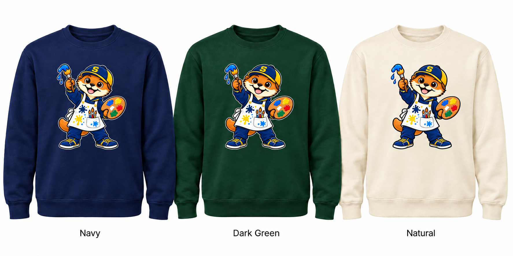 Somerset Avenir Art & Painting Crewneck Sweatshirt generated garment mockups in Navy, Dark Green and Natural.