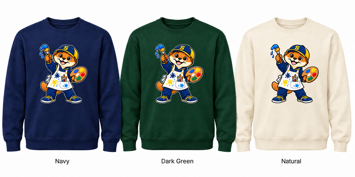 Somerset Avenir Art & Painting Crewneck Sweatshirt generated garment mockups in Navy, Dark Green and Natural.
