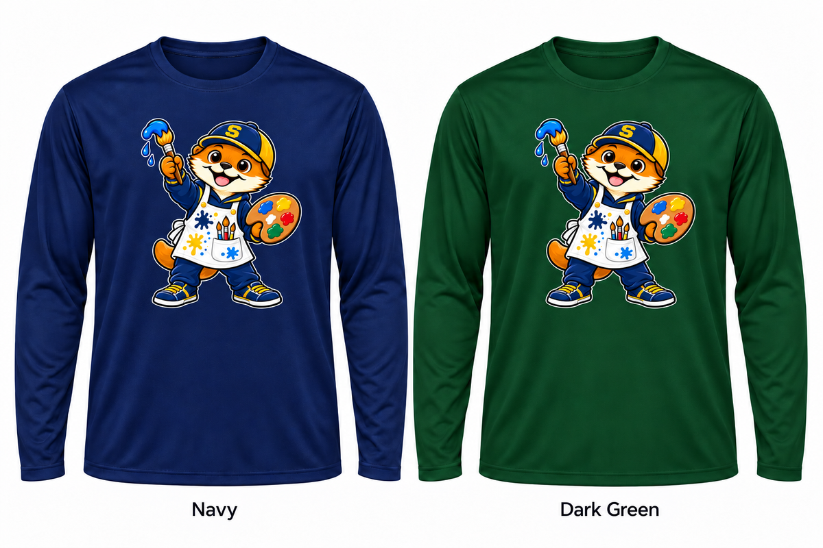 Somerset Avenir Art & Painting Long Sleeve Performance T-Shirt generated garment mockups in Navy and Dark Green; Dark Green is adult only.