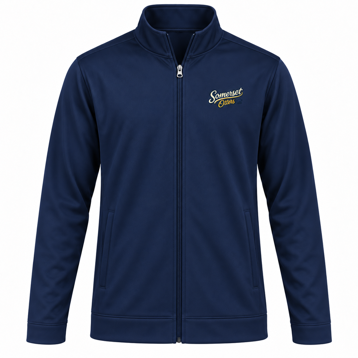 Somerset Avenir Script & Paw Sport-Wick Fleece Full-Zip Jacket generated garment mockup in Navy.