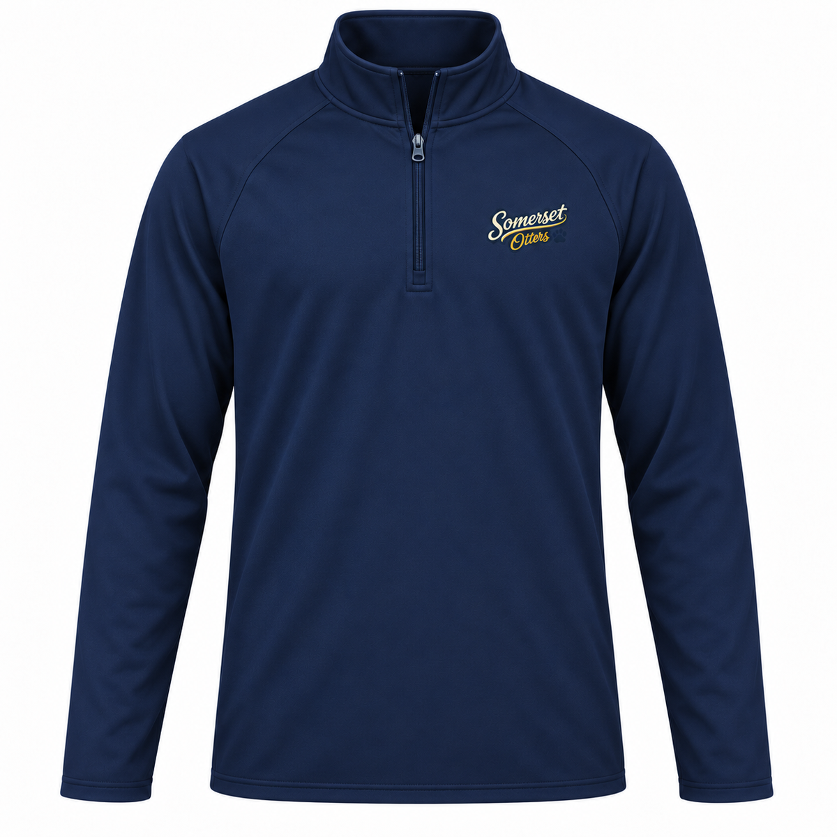 Somerset Avenir Script & Paw Sport-Wick Stretch Quarter-Zip generated garment mockup in Navy.