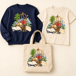 Brass Bell, Guest Ledger, and Luggage on coordinated sweatshirt, youth T-shirt, and natural canvas tote