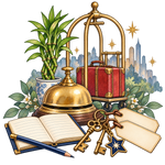 Brass Bell, Guest Ledger, and Luggage original print artwork