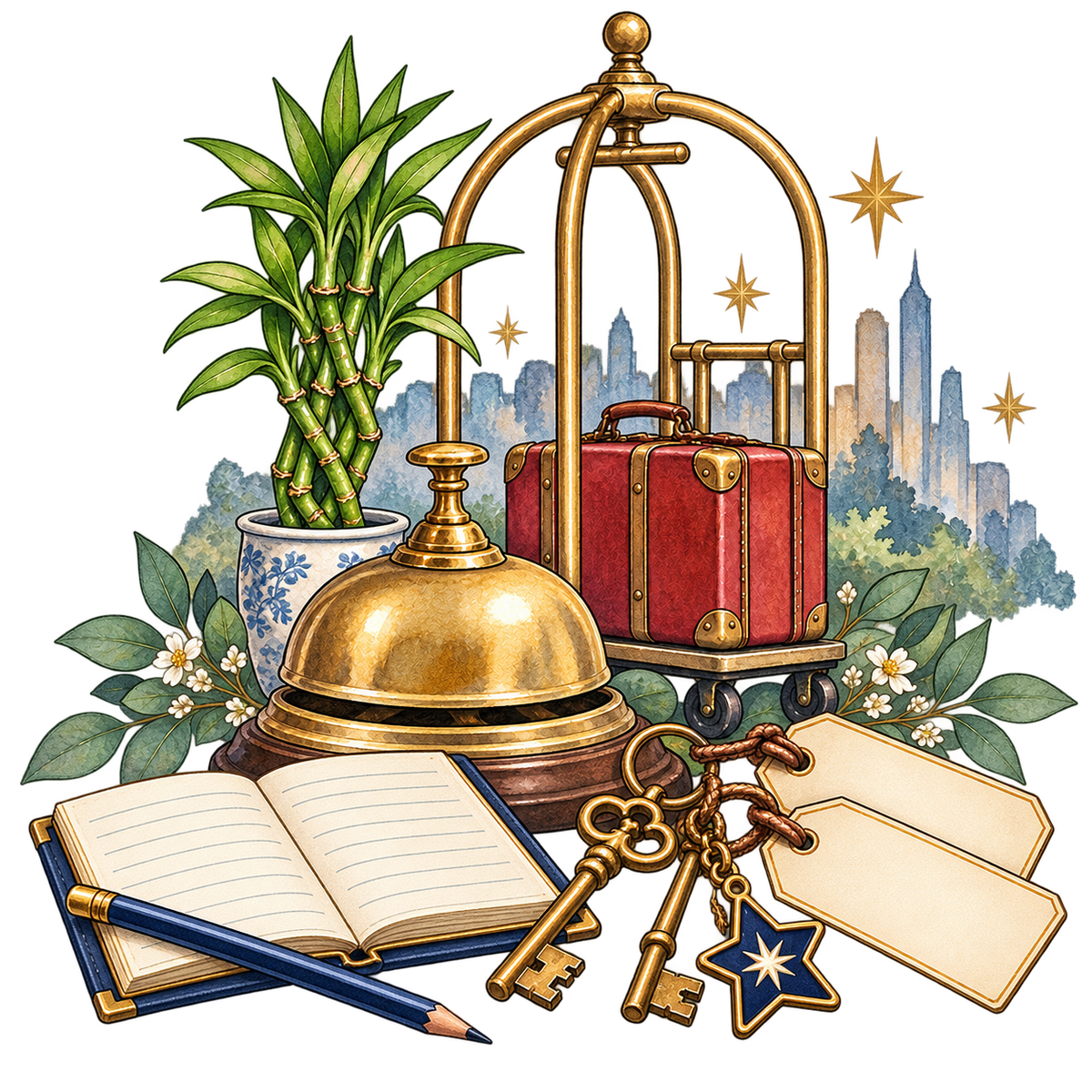 Brass Bell, Guest Ledger, and Luggage original print artwork