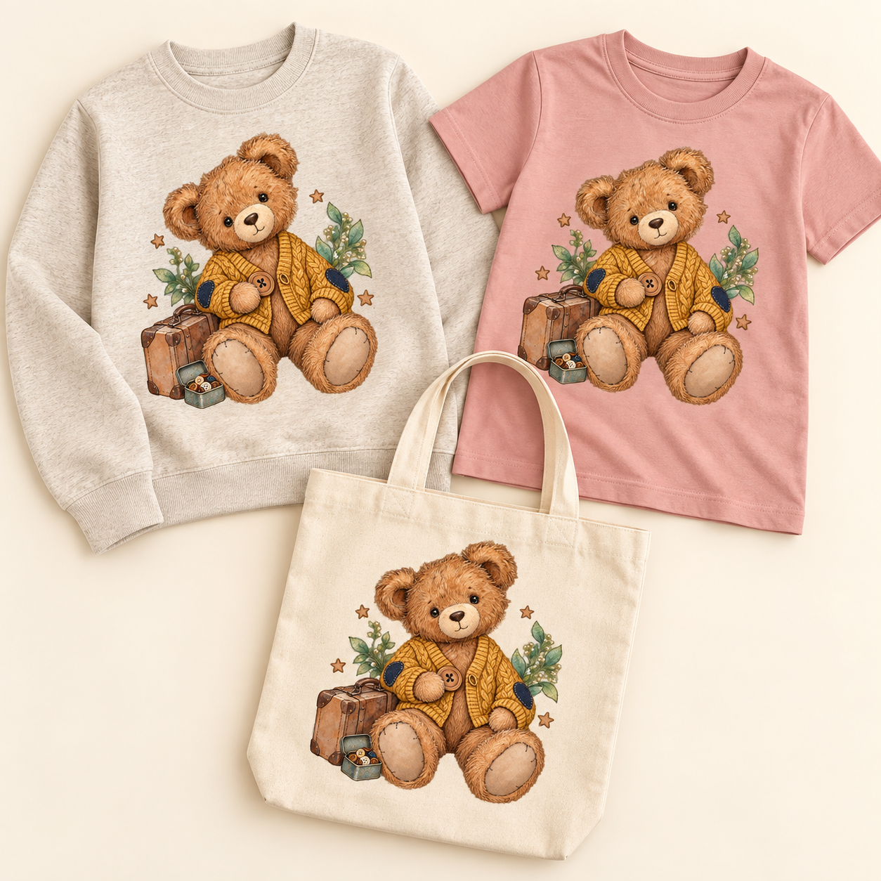 Button Bear and the Golden Cardigan on coordinated sweatshirt, youth T-shirt, and natural canvas tote