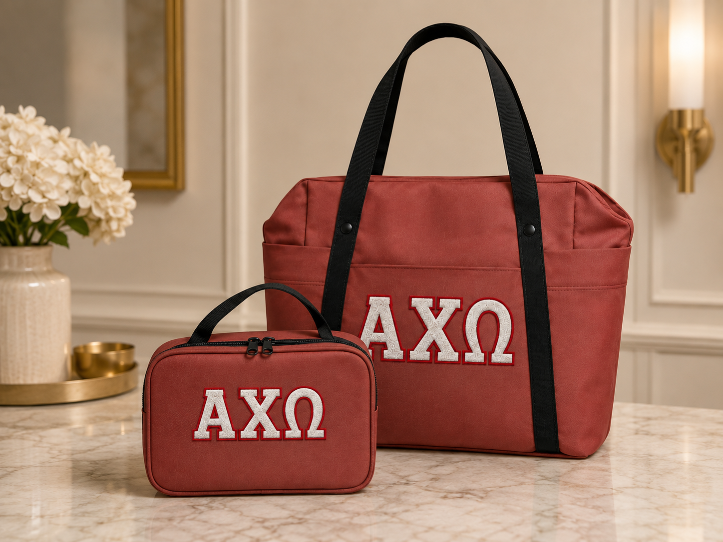 Alpha Chi Omega Dorm Accessories Set with Carry All Tote and Makeup Bag