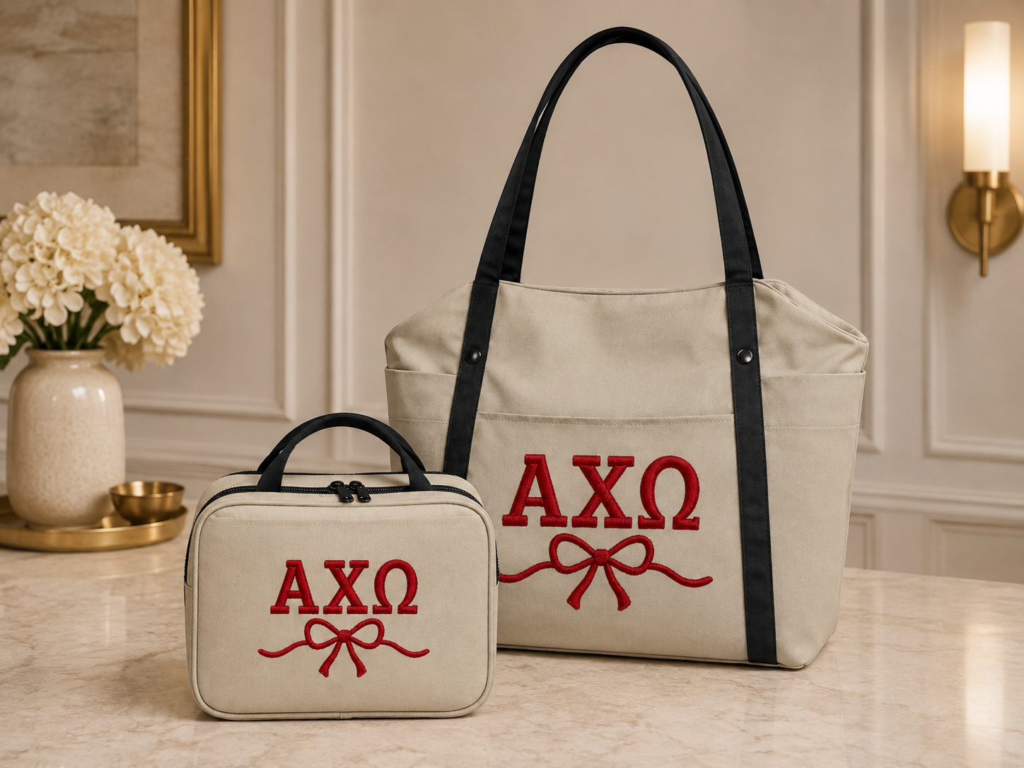 Alpha Chi Omega Dorm Accessories Set with Carry All Tote and Makeup Bag