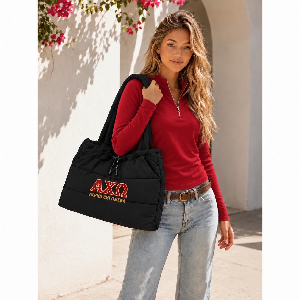 Drawstring Puffy Quilted Padded Nylon Shoulder Tote Bag