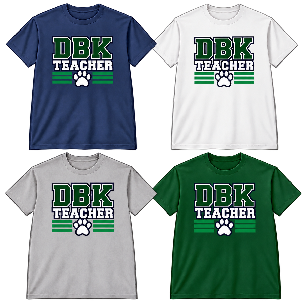 DBK Teacher Varsity T-shirts in Navy, White, Gray and Dark Green