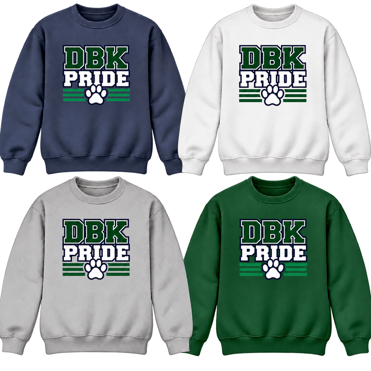DBK Pride Varsity crewneck sweatshirts in Navy, White, Gray and Dark Green