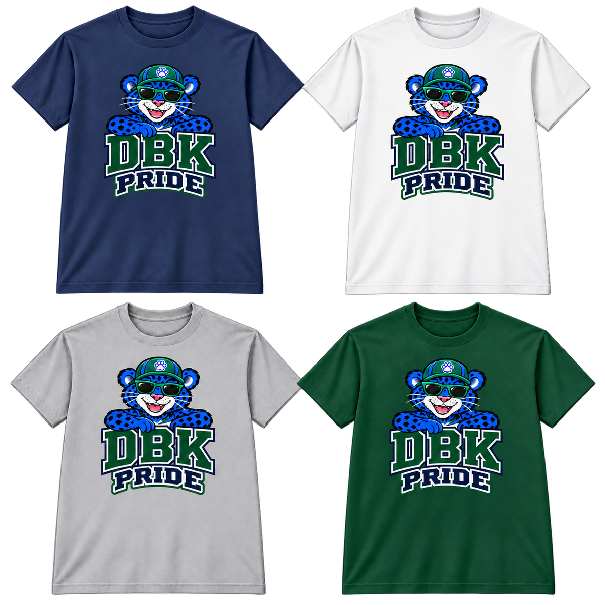 DBK Pride Mascot T-shirts in Navy, White, Gray and Dark Green