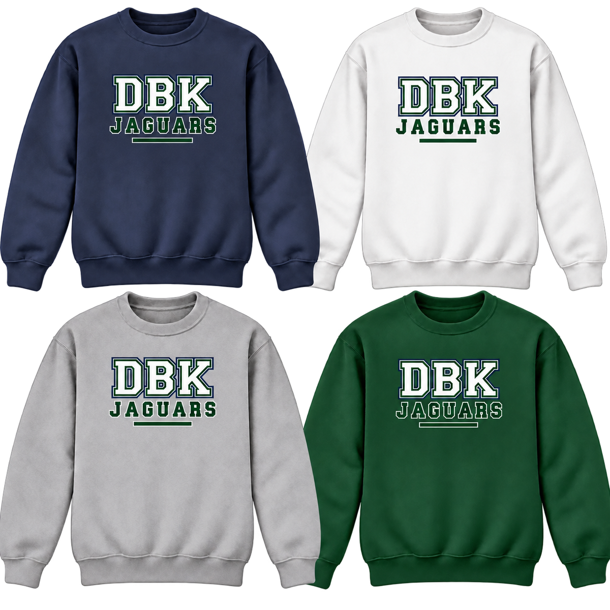 DBK Jaguars Outline crewneck sweatshirts in Navy, White, Gray and Dark Green