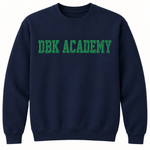 DBK Academy navy sweatshirt with green puff glitter lettering