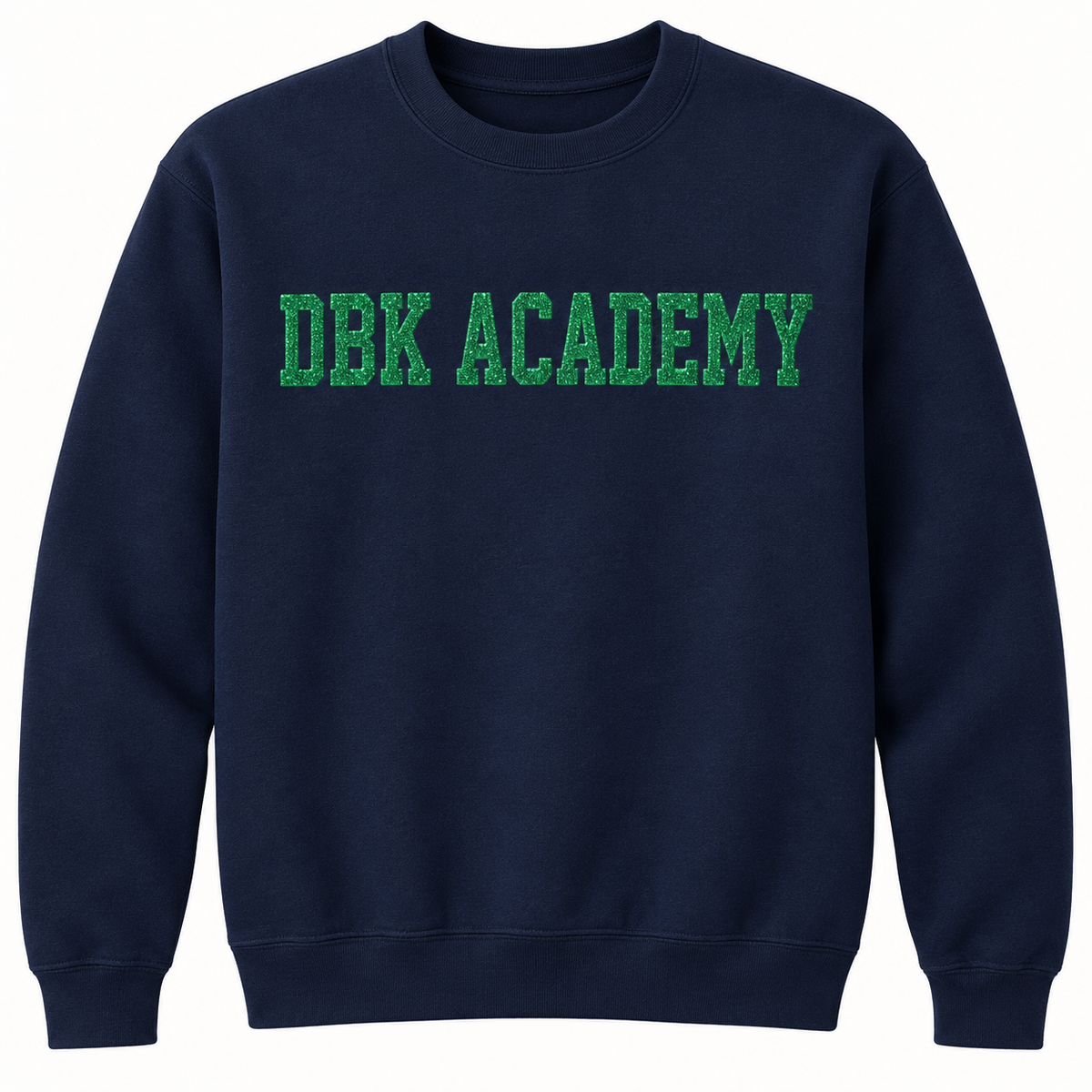 DBK Academy navy sweatshirt with green puff glitter lettering