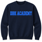 DBK Academy navy sweatshirt with royal puff glitter lettering